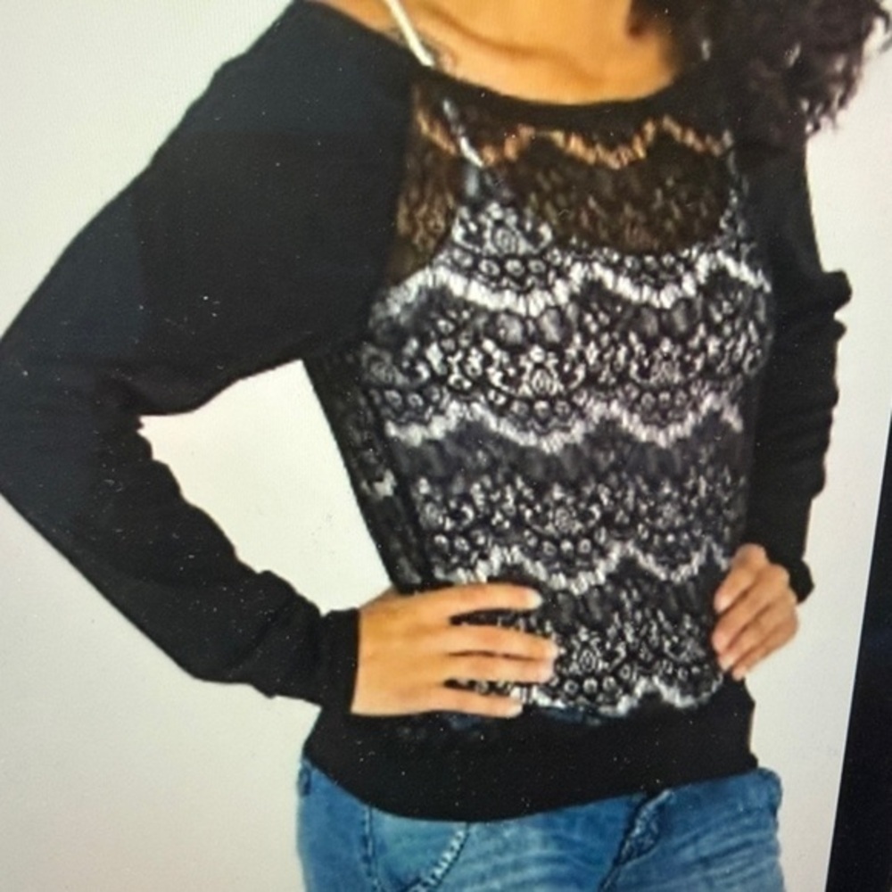 Poetic Justice Top Women’s 1X‎ Black Lace Boat-Neck Pullover